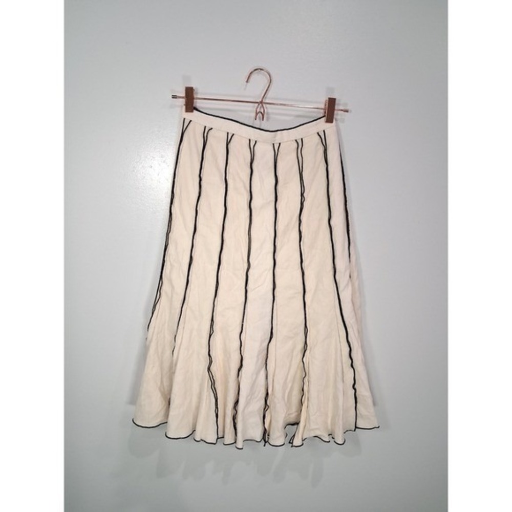 Lena Gabrielle Cream Linen Blend Contrast Piping Midi Skirt Size 4 Black Trim
